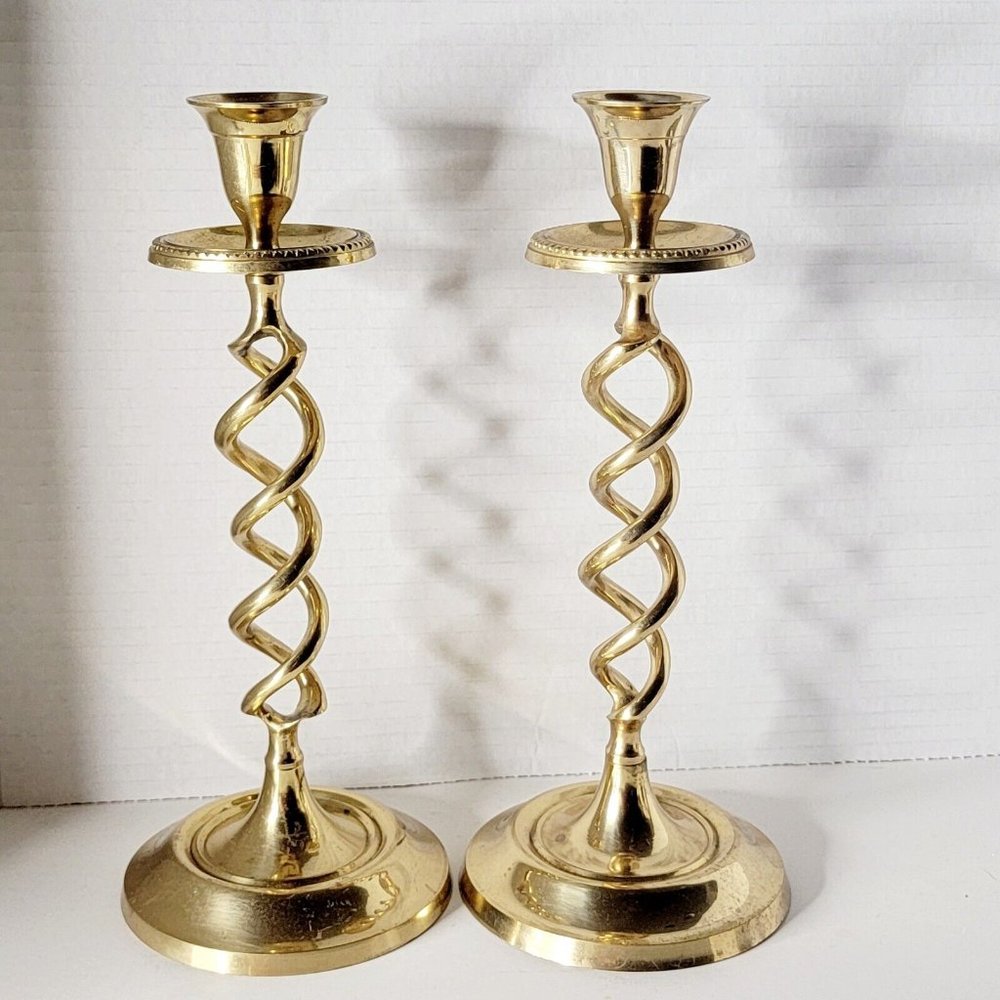 Pair of Brass Twisted Stem Candle Holders Wax Catcher Pillar Candle 10 inch